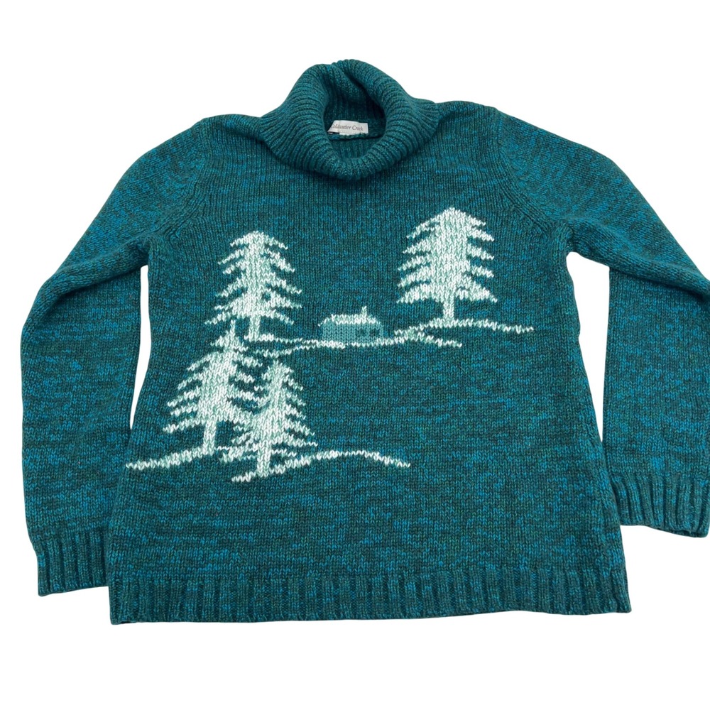Coldwater Creek Women L Teal Green Pine Tree Cabin Knit Turtleneck Sweater